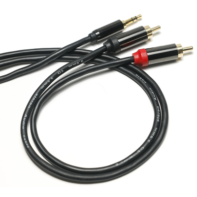 Cabo de áudio digital rca chapeado concha de metal preto capa de pvc 3,5 mm comprimento 1,25 m conector dourado para áudio de carro