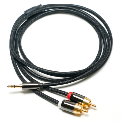 Cabo de áudio digital RCA 3,5 MM 2/1 cabo de malha banhado a ouro porta para barra de som de áudio do carro