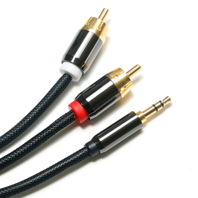 Cabo de áudio digital RCA 3,5 MM 2/1 cabo de malha banhado a ouro porta para barra de som de áudio do carro